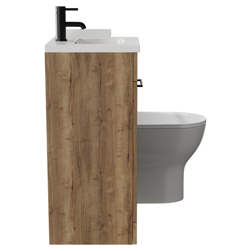 Napoli Combination Tobacco Oak 900mm Vanity Unit Toilet Suite with Left Hand L Shaped 1 Tap Hole Round Basin and Single Door with Matt Black Handle Side View