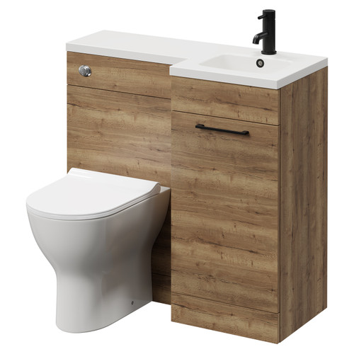 Napoli Combination Tobacco Oak 900mm Vanity Unit Toilet Suite with Right Hand L Shaped 1 Tap Hole Round Basin and Single Door with Matt Black Handle Right Hand View