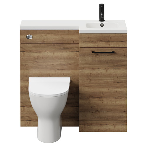 Napoli Combination Tobacco Oak 900mm Vanity Unit Toilet Suite with Right Hand L Shaped 1 Tap Hole Round Basin and Single Door with Matt Black Handle Front View