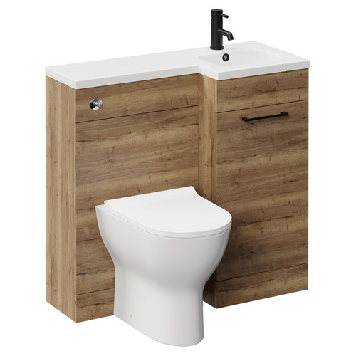 Napoli Combination Tobacco Oak 900mm Vanity Unit Toilet Suite with Right Hand L Shaped 1 Tap Hole Round Basin and Single Door with Matt Black Handle Left Hand View