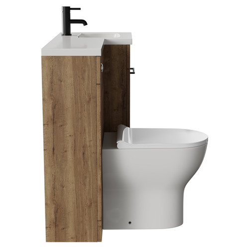 Napoli Combination Tobacco Oak 900mm Vanity Unit Toilet Suite with Right Hand L Shaped 1 Tap Hole Round Basin and Single Door with Matt Black Handle Side View