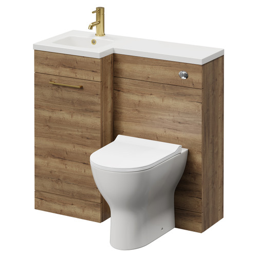 Napoli Combination Tobacco Oak 900mm Vanity Unit Toilet Suite with Left Hand L Shaped 1 Tap Hole Round Basin and Single Door with Brushed Brass Handle Right Hand View