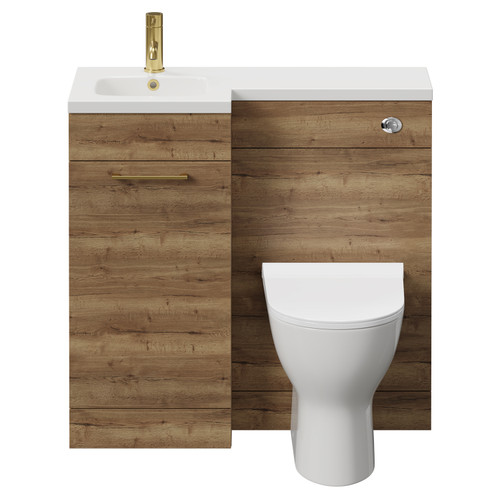 Napoli Combination Tobacco Oak 900mm Vanity Unit Toilet Suite with Left Hand L Shaped 1 Tap Hole Round Basin and Single Door with Brushed Brass Handle Front View