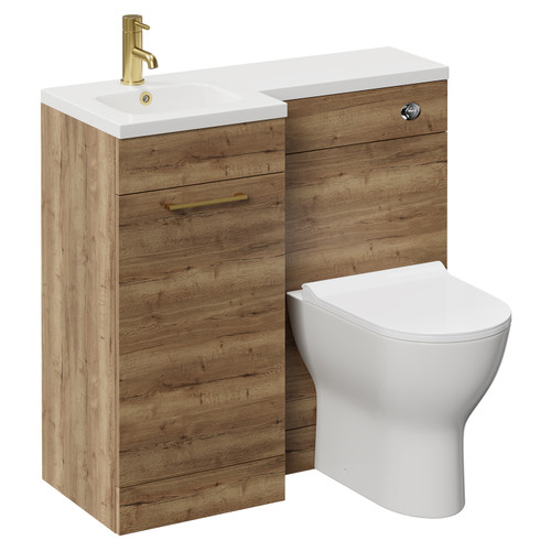 Napoli Combination Tobacco Oak 900mm Vanity Unit Toilet Suite with Left Hand L Shaped 1 Tap Hole Round Basin and Single Door with Brushed Brass Handle Left Hand View