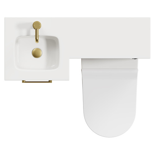 Napoli Combination Tobacco Oak 900mm Vanity Unit Toilet Suite with Left Hand L Shaped 1 Tap Hole Round Basin and Single Door with Brushed Brass Handle View from Top