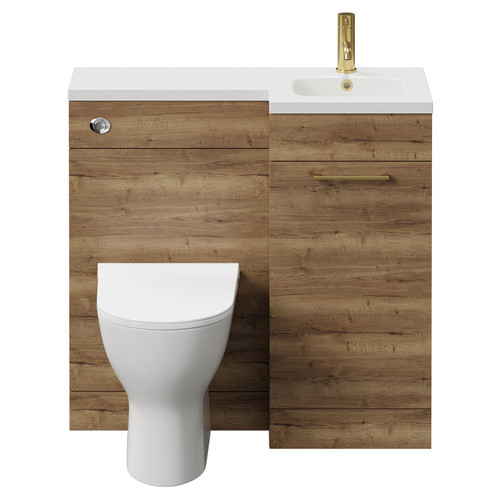 Napoli Combination Tobacco Oak 900mm Vanity Unit Toilet Suite with Right Hand L Shaped 1 Tap Hole Round Basin and Single Door with Brushed Brass Handle Front View