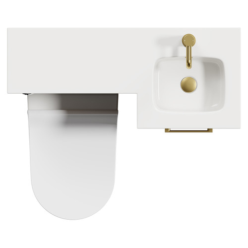 Napoli Combination Tobacco Oak 900mm Vanity Unit Toilet Suite with Right Hand L Shaped 1 Tap Hole Round Basin and Single Door with Brushed Brass Handle View from Top