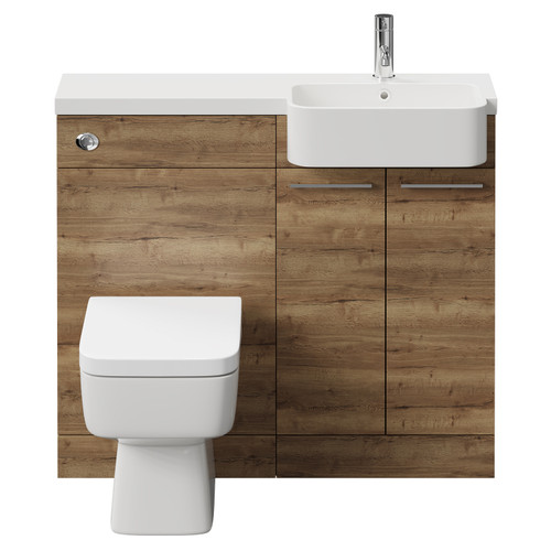 Napoli Combination Tobacco Oak 1000mm Vanity Unit Toilet Suite with Right Hand Round Semi Recessed 1 Tap Hole Basin and 2 Doors with Chrome Handles Front View