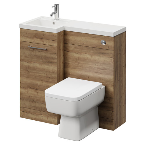 Napoli Combination Tobacco Oak 900mm Vanity Unit Toilet Suite with Left Hand L Shaped 1 Tap Hole Basin and Single Door with Chrome Handle Right Hand View