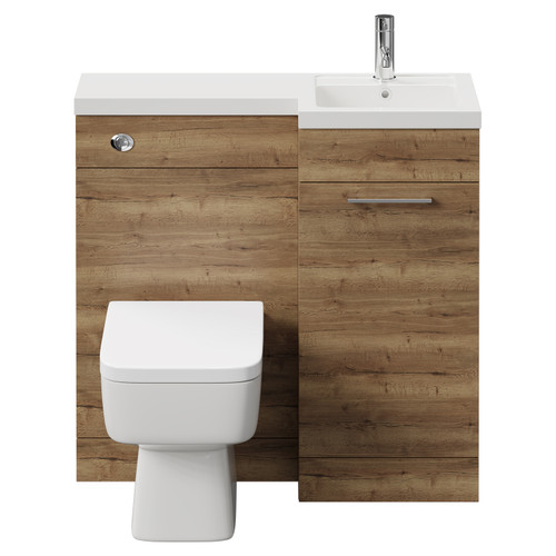 Napoli Combination Tobacco Oak 900mm Vanity Unit Toilet Suite with Right Hand L Shaped 1 Tap Hole Basin and Single Door with Chrome Handle Front View