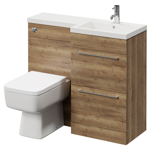 Napoli Combination Tobacco Oak 1000mm Vanity Unit Toilet Suite with Right Hand L Shaped 1 Tap Hole Basin and 2 Drawers with Chrome Handles Right Hand View