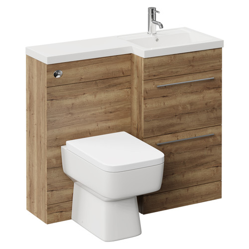 Napoli Combination Tobacco Oak 1000mm Vanity Unit Toilet Suite with Right Hand L Shaped 1 Tap Hole Basin and 2 Drawers with Chrome Handles Left Hand View