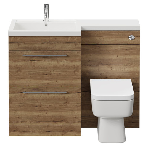 Napoli Combination Tobacco Oak 1100mm Vanity Unit Toilet Suite with Left Hand L Shaped 1 Tap Hole Basin and 2 Drawers with Chrome Handles Front View