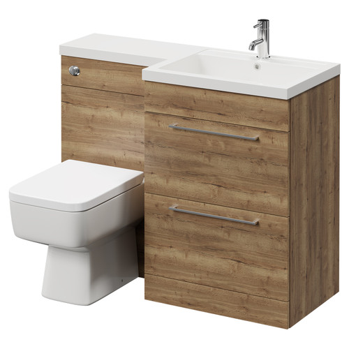 Napoli Combination Tobacco Oak 1100mm Vanity Unit Toilet Suite with Right Hand L Shaped 1 Tap Hole Basin and 2 Drawers with Chrome Handles Right Hand View