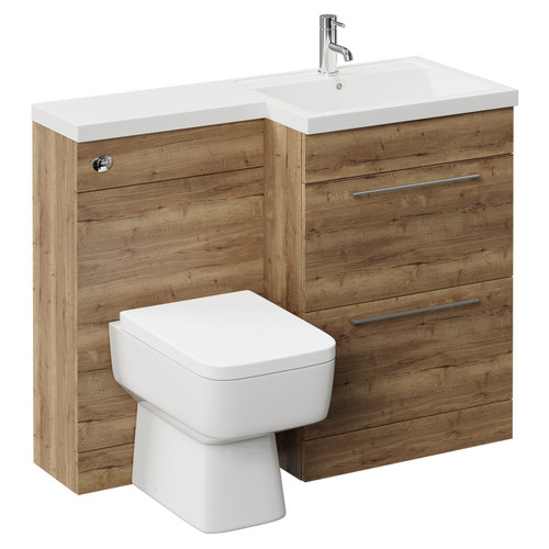 Napoli Combination Tobacco Oak 1100mm Vanity Unit Toilet Suite with Right Hand L Shaped 1 Tap Hole Basin and 2 Drawers with Chrome Handles Left Hand View