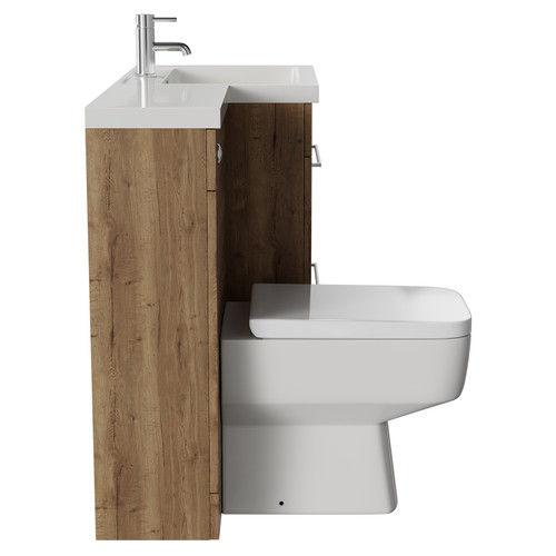 Napoli Combination Tobacco Oak 1100mm Vanity Unit Toilet Suite with Right Hand L Shaped 1 Tap Hole Basin and 2 Drawers with Chrome Handles Side View