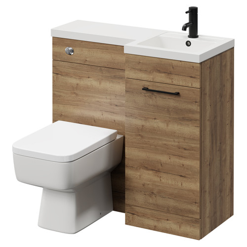 Napoli Combination Tobacco Oak 900mm Vanity Unit Toilet Suite with Right Hand L Shaped 1 Tap Hole Basin and Single Door with Matt Black Handle Right Hand View