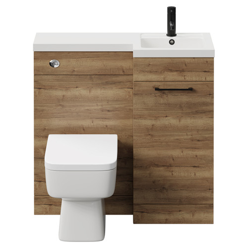 Napoli Combination Tobacco Oak 900mm Vanity Unit Toilet Suite with Right Hand L Shaped 1 Tap Hole Basin and Single Door with Matt Black Handle Front View