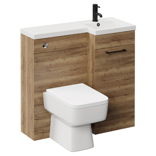 Napoli Combination Tobacco Oak 900mm Vanity Unit Toilet Suite with Right Hand L Shaped 1 Tap Hole Basin and Single Door with Matt Black Handle Left Hand View