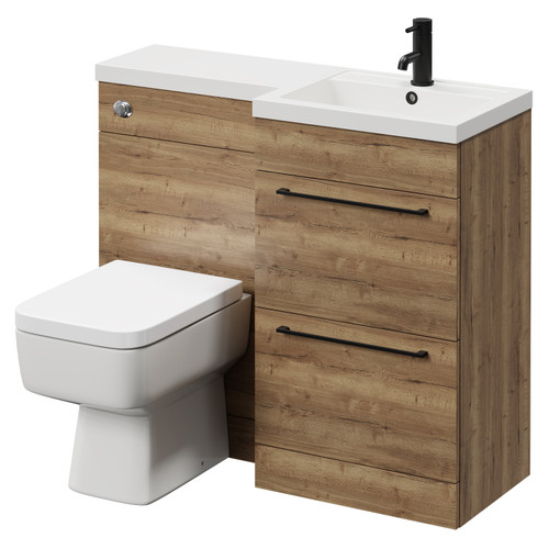 Napoli Combination Tobacco Oak 1000mm Vanity Unit Toilet Suite with Right Hand L Shaped 1 Tap Hole Basin and 2 Drawers with Matt Black Handles Right Hand View