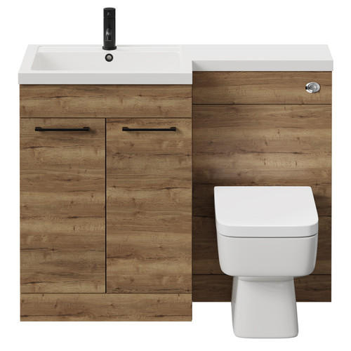 Napoli Combination Tobacco Oak 1100mm Vanity Unit Toilet Suite with Left Hand L Shaped 1 Tap Hole Basin and 2 Doors with Matt Black Handles Front View
