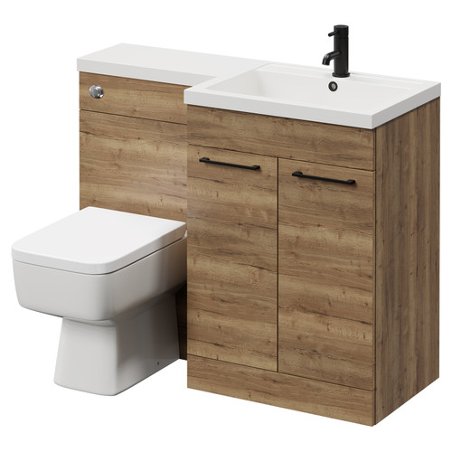 Napoli Combination Tobacco Oak 1100mm Vanity Unit Toilet Suite with Right Hand L Shaped 1 Tap Hole Basin and 2 Doors with Matt Black Handles Right Hand View