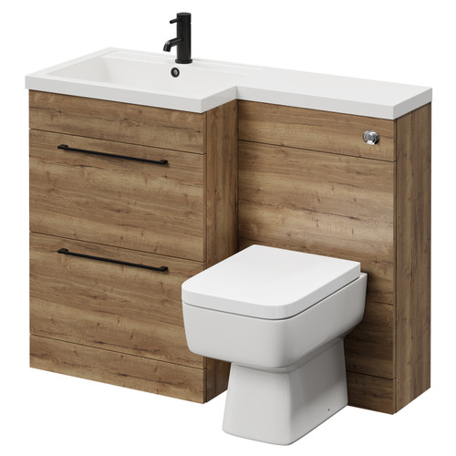 Napoli Combination Tobacco Oak 1100mm Vanity Unit Toilet Suite with Left Hand L Shaped 1 Tap Hole Basin and 2 Drawers with Matt Black Handles Right Hand View
