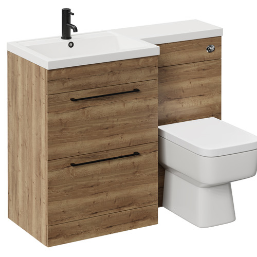 Napoli Combination Tobacco Oak 1100mm Vanity Unit Toilet Suite with Left Hand L Shaped 1 Tap Hole Basin and 2 Drawers with Matt Black Handles Left Hand View