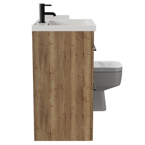 Napoli Combination Tobacco Oak 1100mm Vanity Unit Toilet Suite with Left Hand L Shaped 1 Tap Hole Basin and 2 Drawers with Matt Black Handles Side View