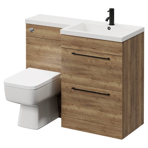 Napoli Combination Tobacco Oak 1100mm Vanity Unit Toilet Suite with Right Hand L Shaped 1 Tap Hole Basin and 2 Drawers with Matt Black Handles Right Hand View