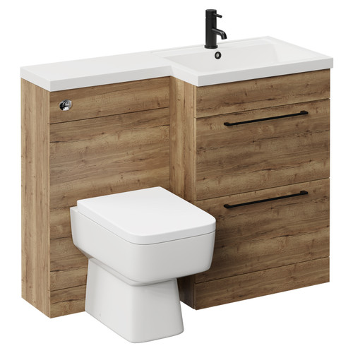 Napoli Combination Tobacco Oak 1100mm Vanity Unit Toilet Suite with Right Hand L Shaped 1 Tap Hole Basin and 2 Drawers with Matt Black Handles Left Hand View