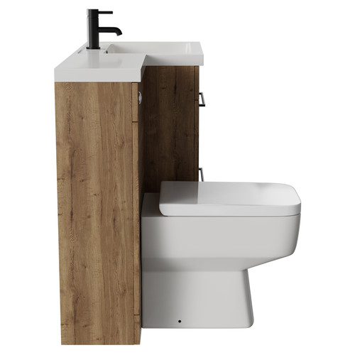 Napoli Combination Tobacco Oak 1100mm Vanity Unit Toilet Suite with Right Hand L Shaped 1 Tap Hole Basin and 2 Drawers with Matt Black Handles Side View