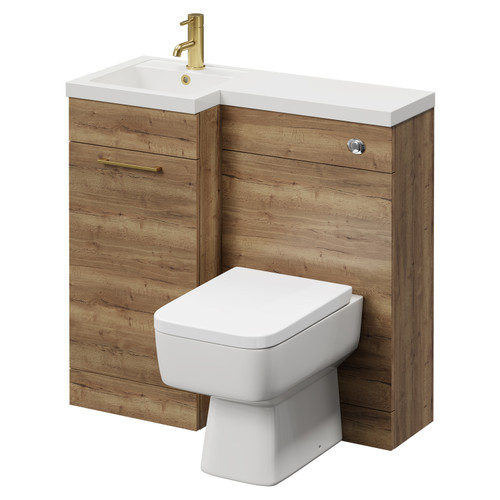 Napoli Combination Tobacco Oak 900mm Vanity Unit Toilet Suite with Left Hand L Shaped 1 Tap Hole Basin and Single Door with Brushed Brass Handle Right Hand View