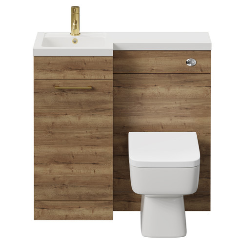 Napoli Combination Tobacco Oak 900mm Vanity Unit Toilet Suite with Left Hand L Shaped 1 Tap Hole Basin and Single Door with Brushed Brass Handle Front View