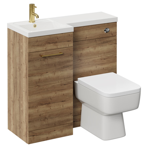 Napoli Combination Tobacco Oak 900mm Vanity Unit Toilet Suite with Left Hand L Shaped 1 Tap Hole Basin and Single Door with Brushed Brass Handle Left Hand View
