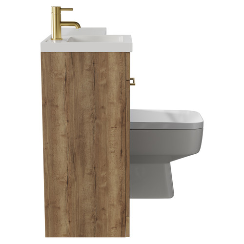 Napoli Combination Tobacco Oak 900mm Vanity Unit Toilet Suite with Left Hand L Shaped 1 Tap Hole Basin and Single Door with Brushed Brass Handle Side View