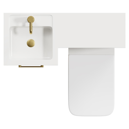 Napoli Combination Tobacco Oak 900mm Vanity Unit Toilet Suite with Left Hand L Shaped 1 Tap Hole Basin and Single Door with Brushed Brass Handle View from Top