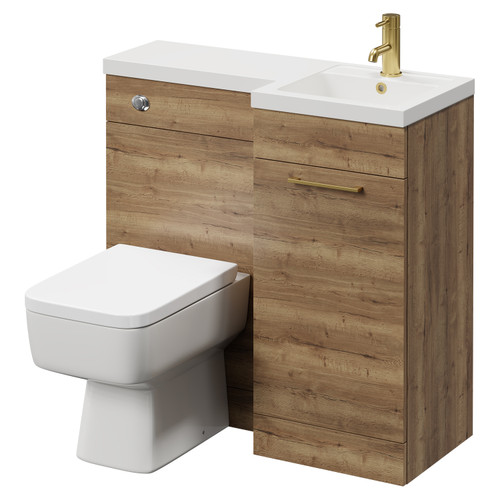 Napoli Combination Tobacco Oak 900mm Vanity Unit Toilet Suite with Right Hand L Shaped 1 Tap Hole Basin and Single Door with Brushed Brass Handle Right Hand View