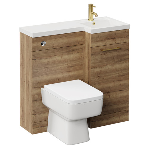 Napoli Combination Tobacco Oak 900mm Vanity Unit Toilet Suite with Right Hand L Shaped 1 Tap Hole Basin and Single Door with Brushed Brass Handle Left Hand View
