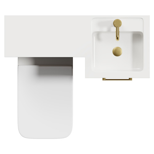 Napoli Combination Tobacco Oak 900mm Vanity Unit Toilet Suite with Right Hand L Shaped 1 Tap Hole Basin and Single Door with Brushed Brass Handle View from Top