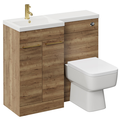 Napoli Combination Tobacco Oak 1000mm Vanity Unit Toilet Suite with Left Hand L Shaped 1 Tap Hole Basin and 2 Doors with Brushed Brass Handles Left Hand View