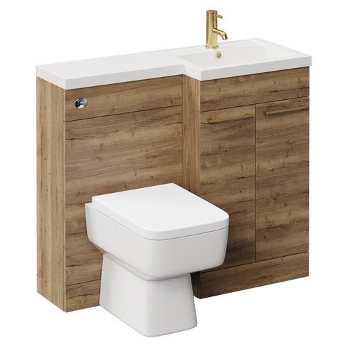 Napoli Combination Tobacco Oak 1000mm Vanity Unit Toilet Suite with Right Hand L Shaped 1 Tap Hole Basin and 2 Doors with Brushed Brass Handles Left Hand View