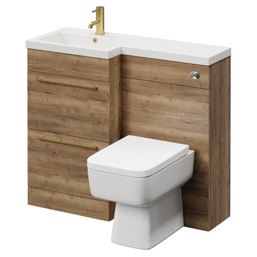 Napoli Combination Tobacco Oak 1000mm Vanity Unit Toilet Suite with Left Hand L Shaped 1 Tap Hole Basin and 2 Drawers with Brushed Brass Handles Right Hand View
