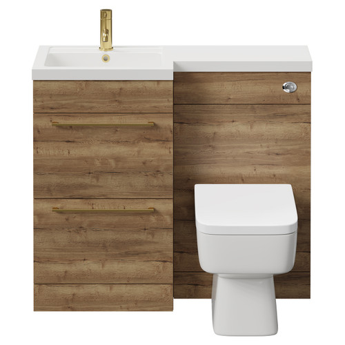 Napoli Combination Tobacco Oak 1000mm Vanity Unit Toilet Suite with Left Hand L Shaped 1 Tap Hole Basin and 2 Drawers with Brushed Brass Handles Front View