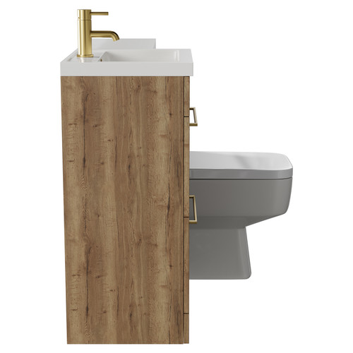 Napoli Combination Tobacco Oak 1000mm Vanity Unit Toilet Suite with Left Hand L Shaped 1 Tap Hole Basin and 2 Drawers with Brushed Brass Handles Side View
