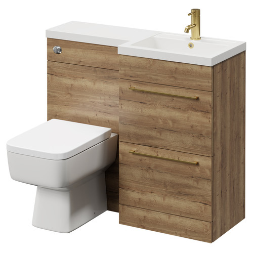Napoli Combination Tobacco Oak 1000mm Vanity Unit Toilet Suite with Right Hand L Shaped 1 Tap Hole Basin and 2 Drawers with Brushed Brass Handles Right Hand View