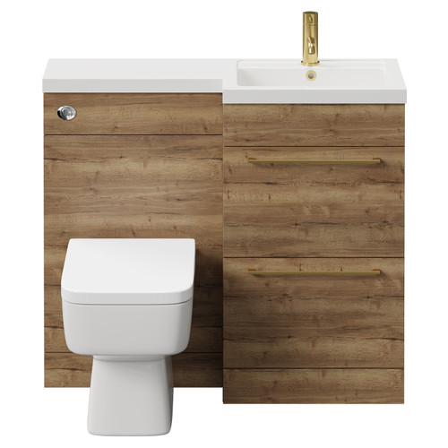 Napoli Combination Tobacco Oak 1000mm Vanity Unit Toilet Suite with Right Hand L Shaped 1 Tap Hole Basin and 2 Drawers with Brushed Brass Handles Front View