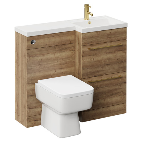 Napoli Combination Tobacco Oak 1000mm Vanity Unit Toilet Suite with Right Hand L Shaped 1 Tap Hole Basin and 2 Drawers with Brushed Brass Handles Left Hand View