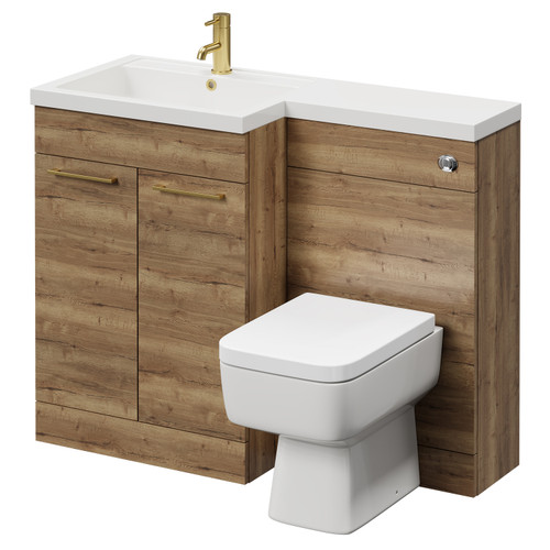 Napoli Combination Tobacco Oak 1100mm Vanity Unit Toilet Suite with Left Hand L Shaped 1 Tap Hole Basin and 2 Doors with Brushed Brass Handles Right Hand View