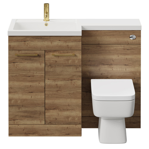 Napoli Combination Tobacco Oak 1100mm Vanity Unit Toilet Suite with Left Hand L Shaped 1 Tap Hole Basin and 2 Doors with Brushed Brass Handles Front View